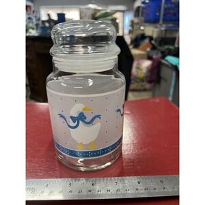 Libbey Glass Canister Jar w/Lid Blue Goose Geese Ribbons 7" Tall